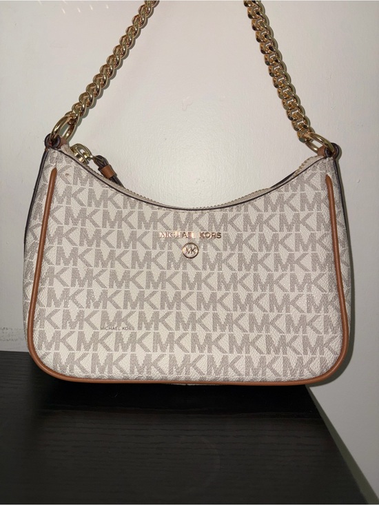 Michael Kors Handbags - Michael Kors Beige Signature Shoulder Bag with Gold Chain